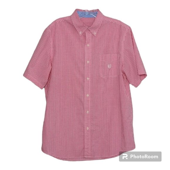 Chaps Shirt Men's Medium Button Up Pink Plaid Short Sleeve Dadcore Camp Outdoor - Picture 1 of 12